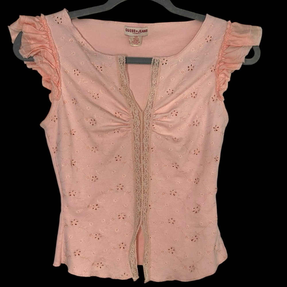 GUESS Light Pink Eyelet Lace Ruffle Blouse Size SP